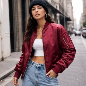 Elwood Burgundy Satin Bomber Jacket Size Large MA-1 Style Streetwear Utility